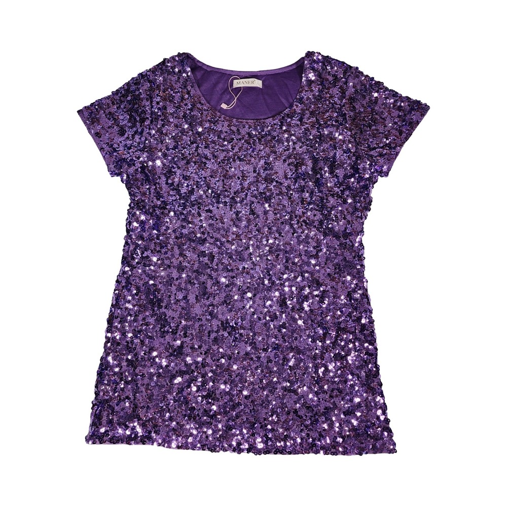 MANER Womens Purple Sequin Short‎ Sleeve Scoop Neck Party Top Size L